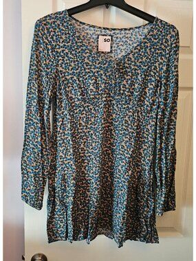 NWOT Womens So GFL Blue Floral Tunic Dress L Cottage Boho Babydoll Milkmaid